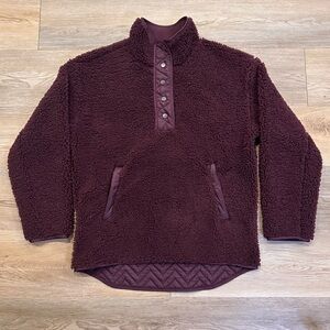 Athleta Cozy Sherpa Fleece Snap Sweatshirt Womens Med Maroon Wine Red